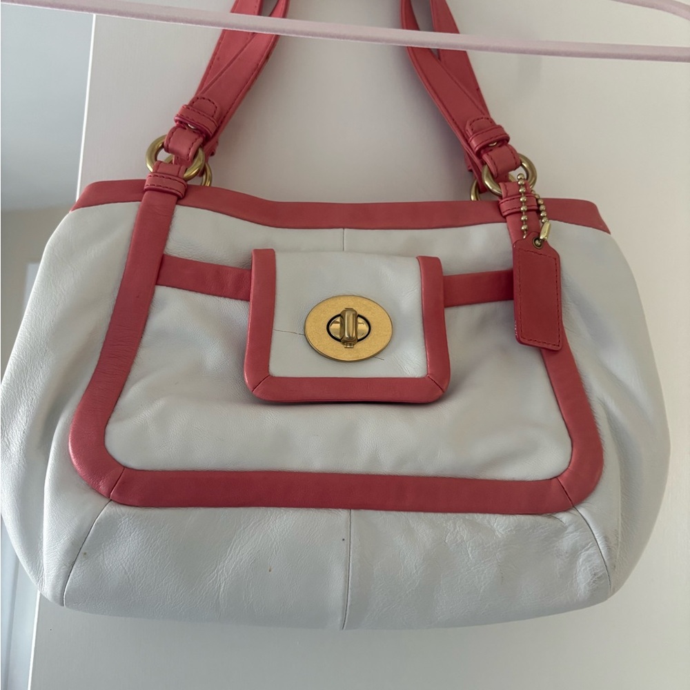Coach White Leather Shoulder Bag with Coral Trim